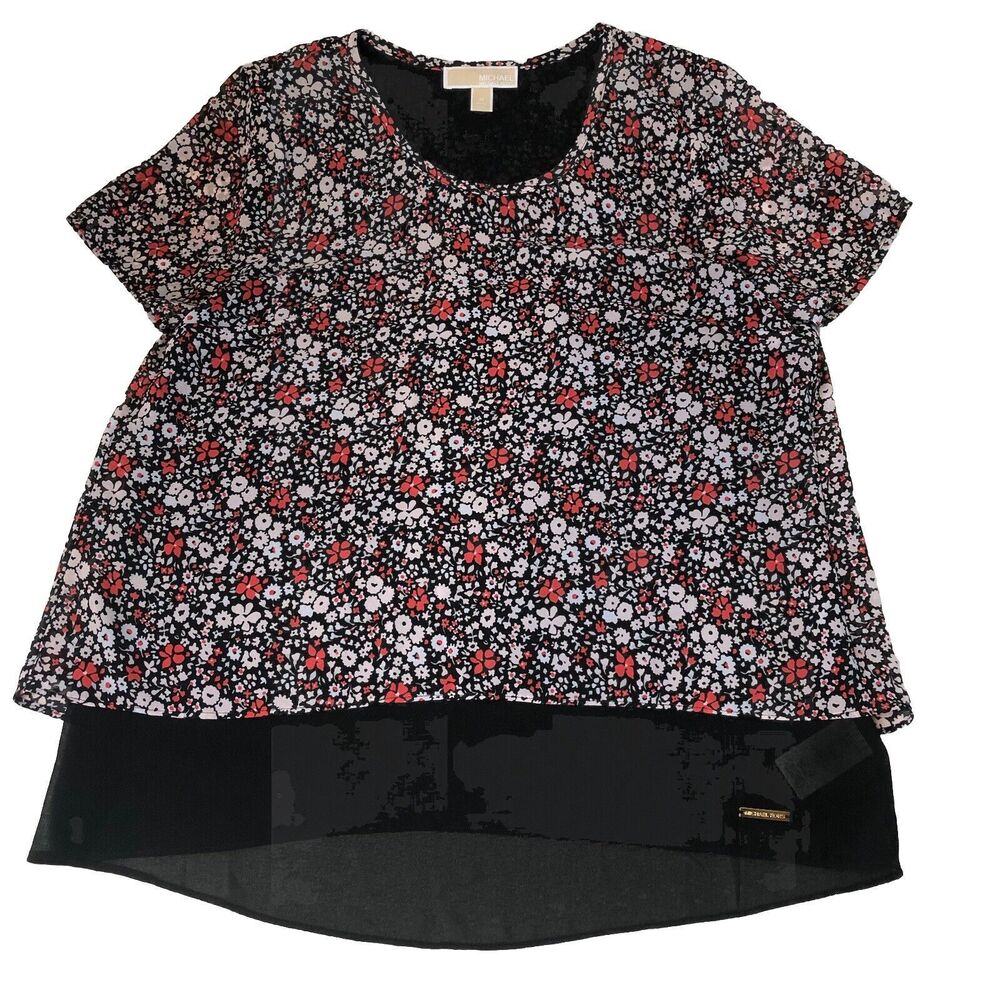 Michael Kors Womens Floral Short Sleeve Blouse Split Back Sheer Size Medium